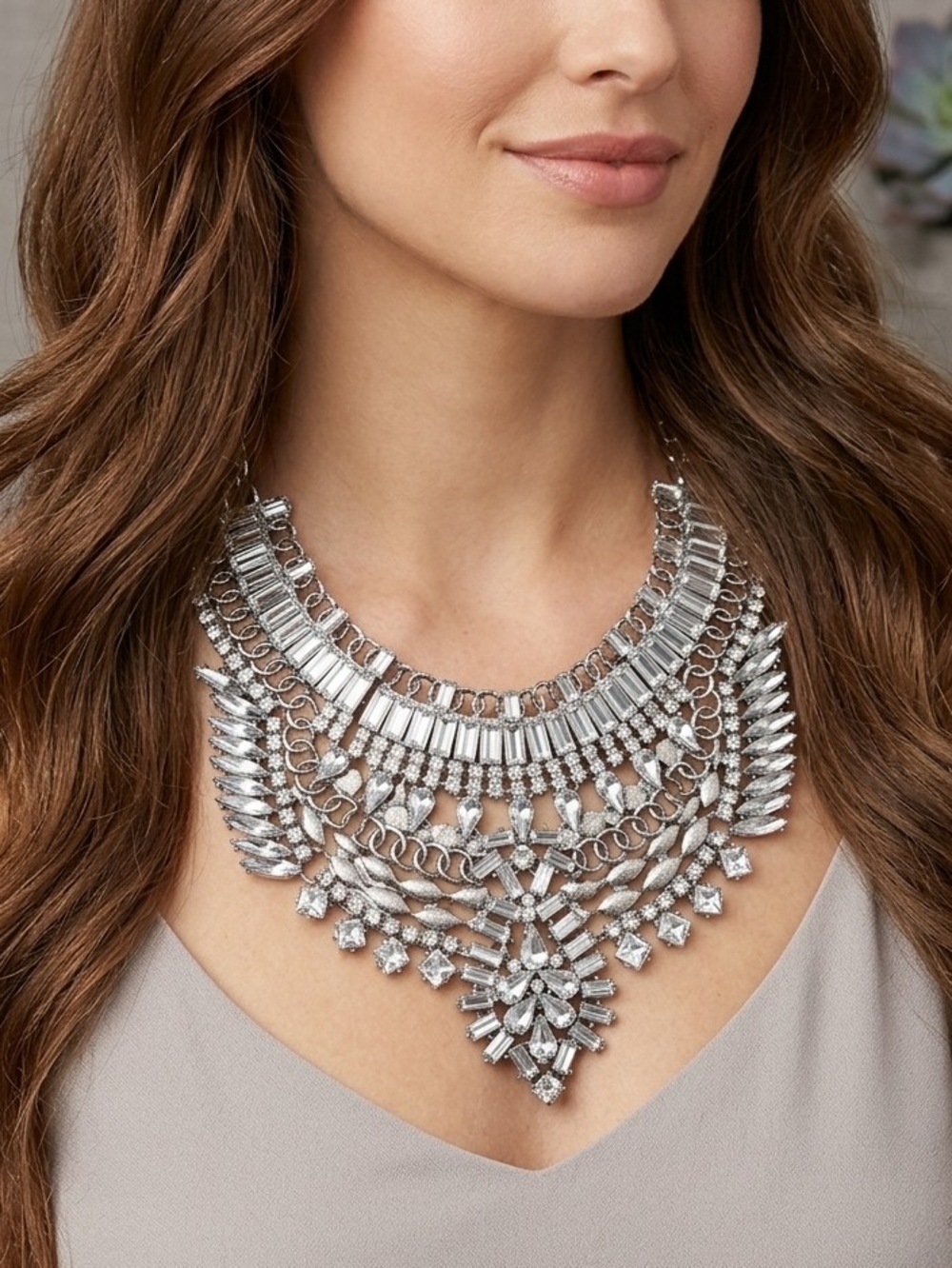 Vintage Necklace Silver Statement Rhinestone Crystal Bib Collar Necklace